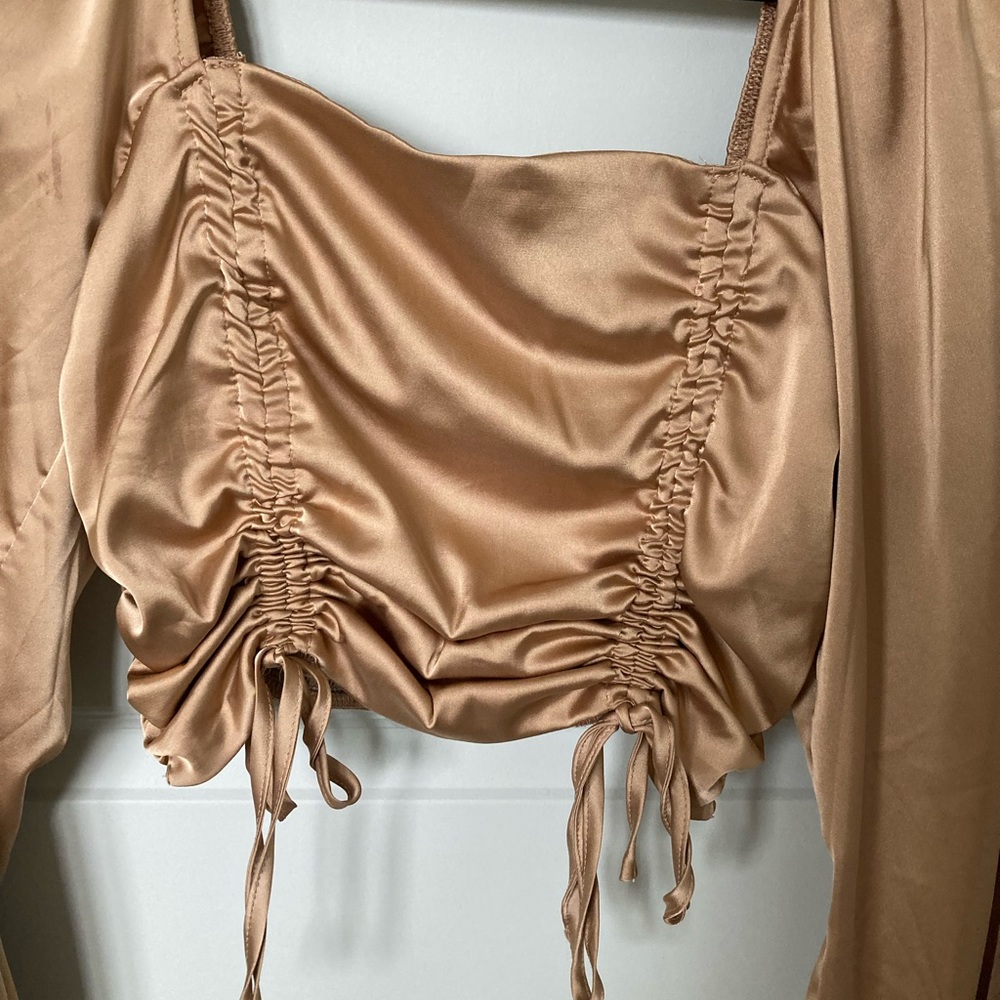 Drawstring Ruched Front Shirred Back Satin Top - Picture 8 of 9